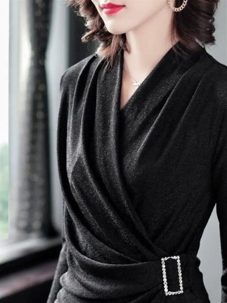 Spring Autumn Women's Cross V-ne Long Sve T-irt Slimming Waist Faionable Versatile Cover Belly Trendy Mom Outerwear