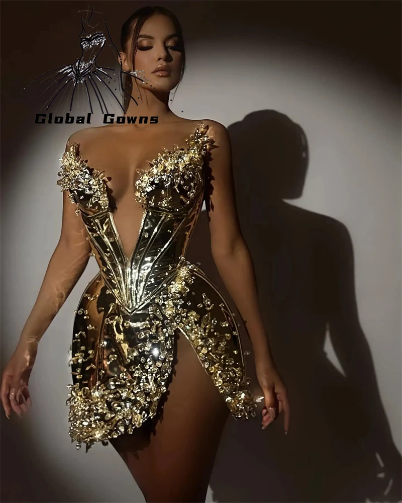 Gold Sexy Mini Prom Dresses 2025 Sleeveless Bead Crystals Cocktail Dresses For Women Pageant Gown Vestidos De Noche Customized