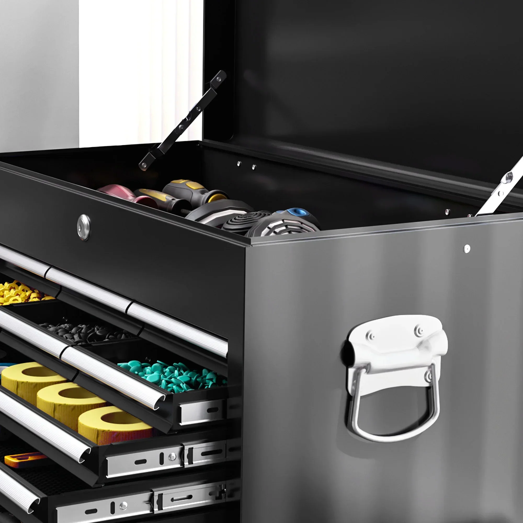 HOMCOM Mobile Tool Trolley with 14 Drawers, Lockable Steel Tool Storage Cabinet for Garage Workshop
