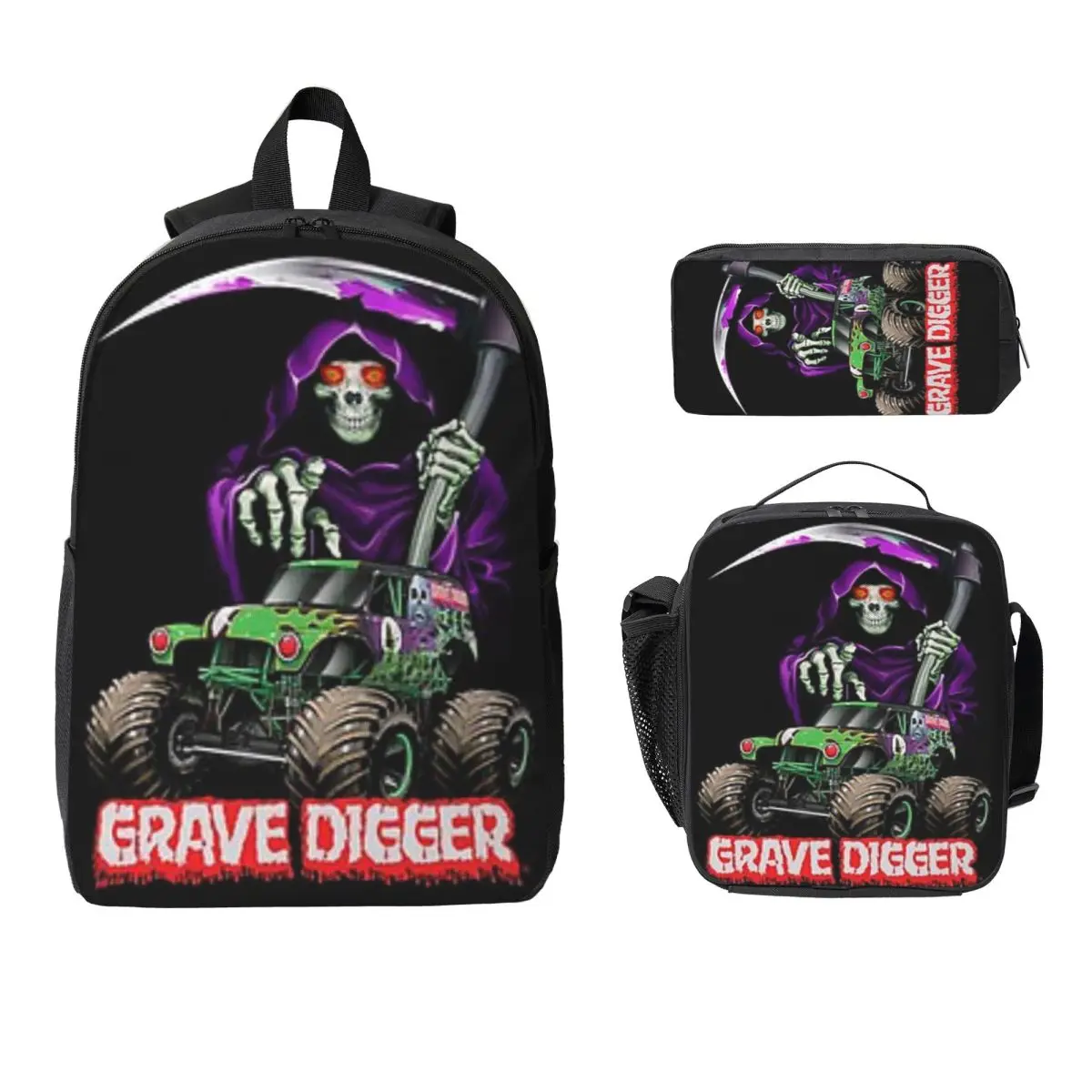 Classic Monster Jam Pattern Backpack Student Boys Girls BookBag School Bag Shoulder Bags 3ps Insulated Lunch Bag Pencil Case