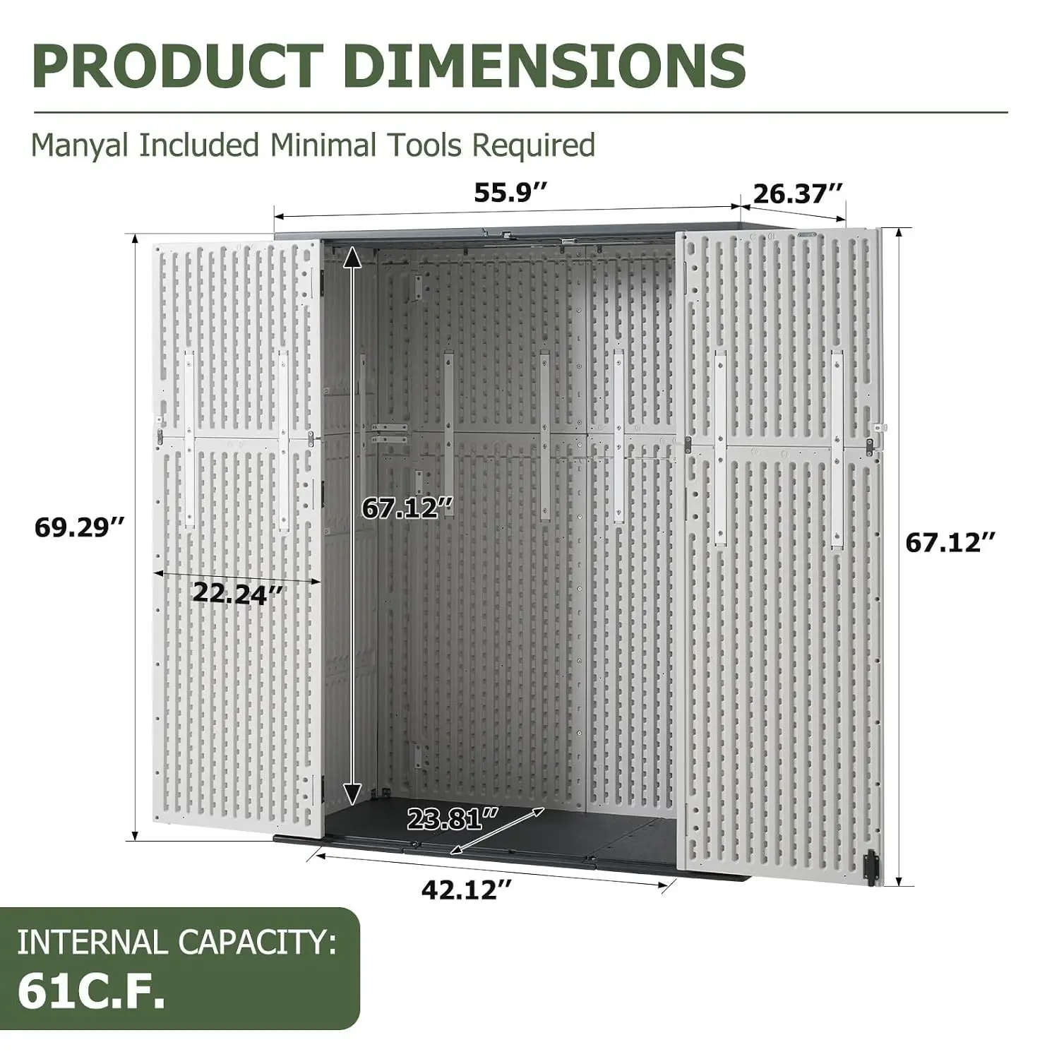 61 Cu.Ft Waterproof Vertical Resin Storage Shed With Floor for Patio Garden Backyard Tool Storage