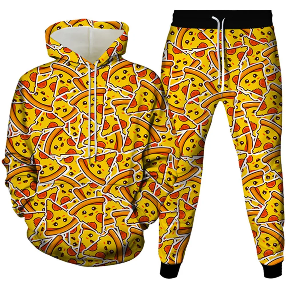 Ropa con estampado de dibujos animados de Pizza para hombre, chándal de 2 piezas, conjunto de Sudadera con capucha, pantalones de chándal para