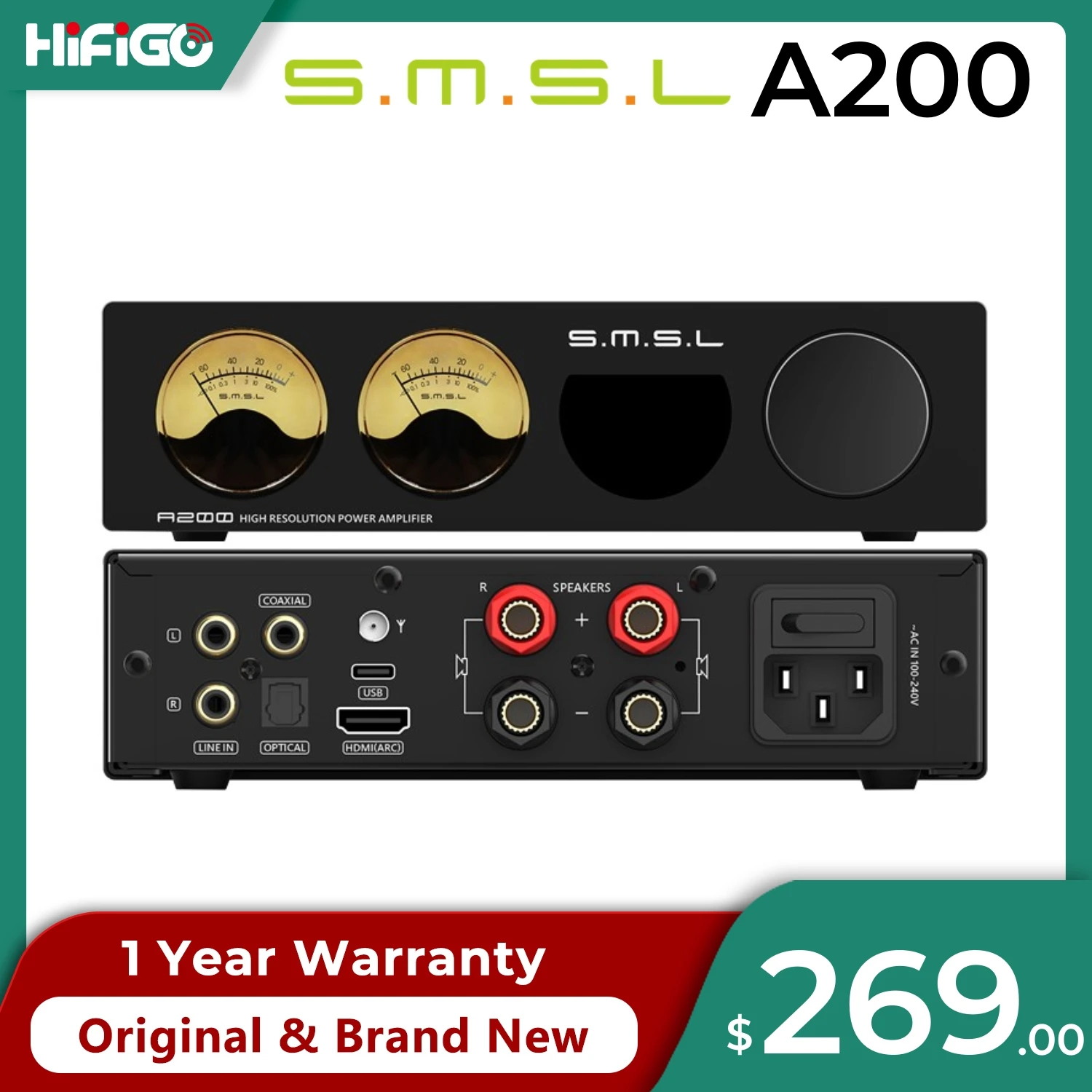 

SMSL A200 High Resolution Power Amplifier Bluetooth 5.0 USB HDMI OPTICAL COAXIAL 70w 100w Dual Track