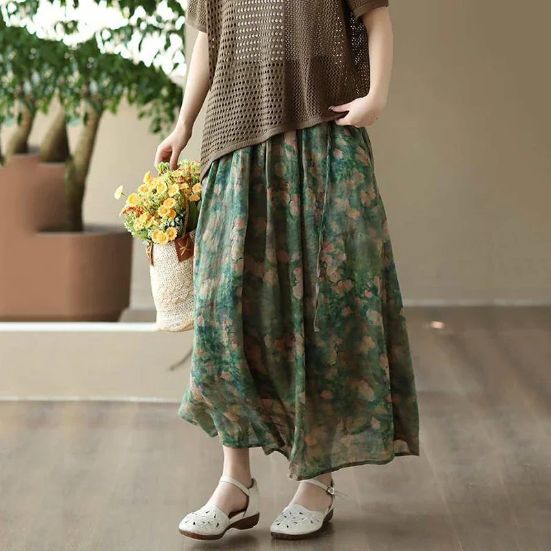 Vintage Printed Long Skirt Cotton Linen Floral Elasticated Waist Tie Skirts Summer Flowing Literary Artistic Forest Women' Skirt