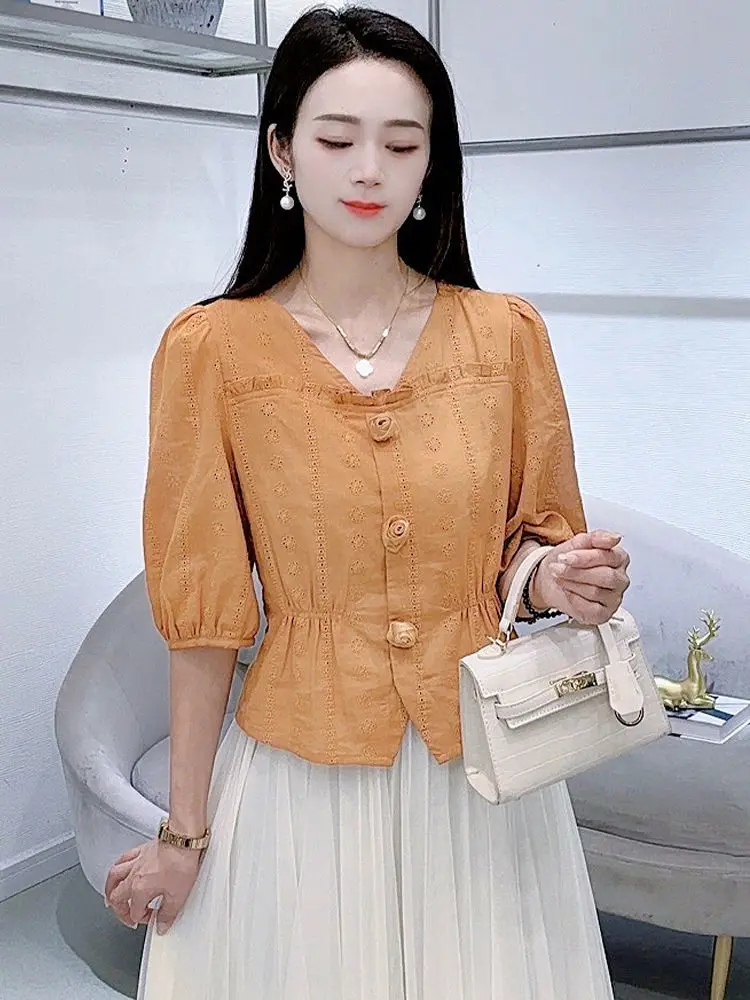 

Casual Chic V-Ne Slimming irt Women's Faionable Top Unique Beautiful Waist-Cinching Summer Streetwear Korean Sle
