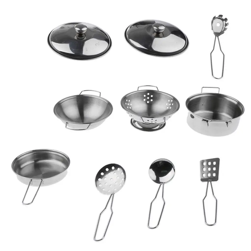 kitchen Cookware Playset B (10pcs, Stainless Steel) for Children Pretend Cooking