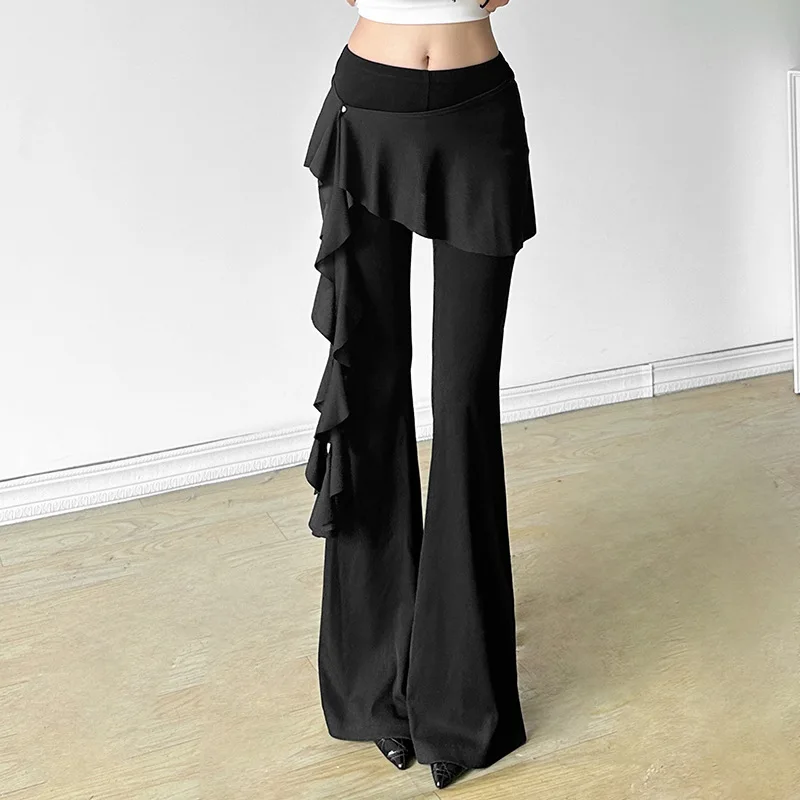 Xingqing Ruffle Pants y2k Clothes Women Solid Color Elastic Waistband High Waist Flared Trousers Bell Bottoms 2000s Streetwear