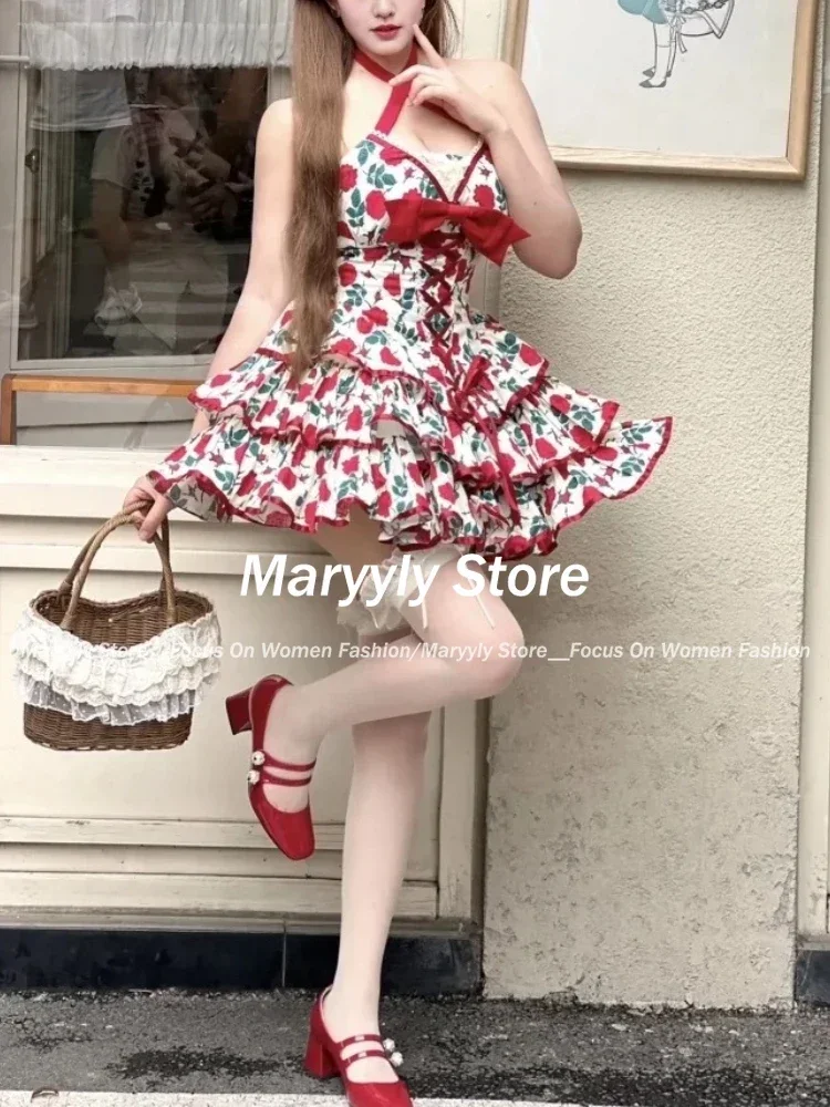 Vestido de princesa Lolita para mujer, minivestido Vintage elegante con lazo y estampado de flores para fiesta, Sexy y ajustado, Verano