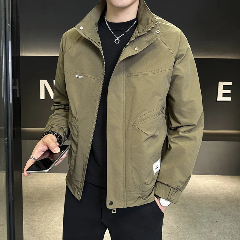 

Тонкий приталенный воротник-стойка для мужчин, весенне-осенняя модная повседневная полиэфирная ткань с защитой от ветра, дизайн на молнии