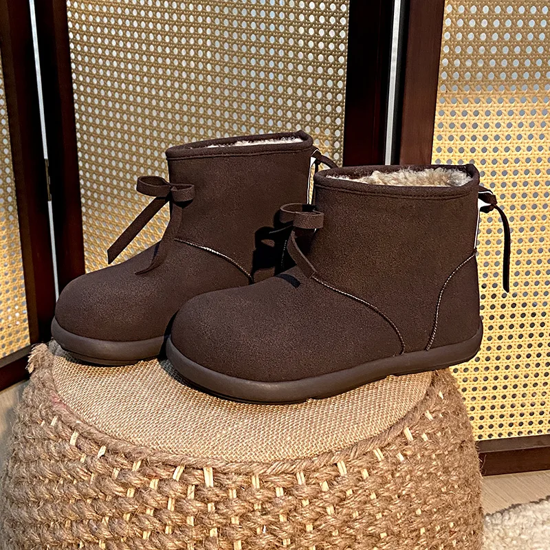 

Kawaii Retro Ugly-Cute Flat Snow Boots 2025 Winter Women Bow Tie Plush Fleece Lined Casual Short Boots Non-Slip Warm Shoes