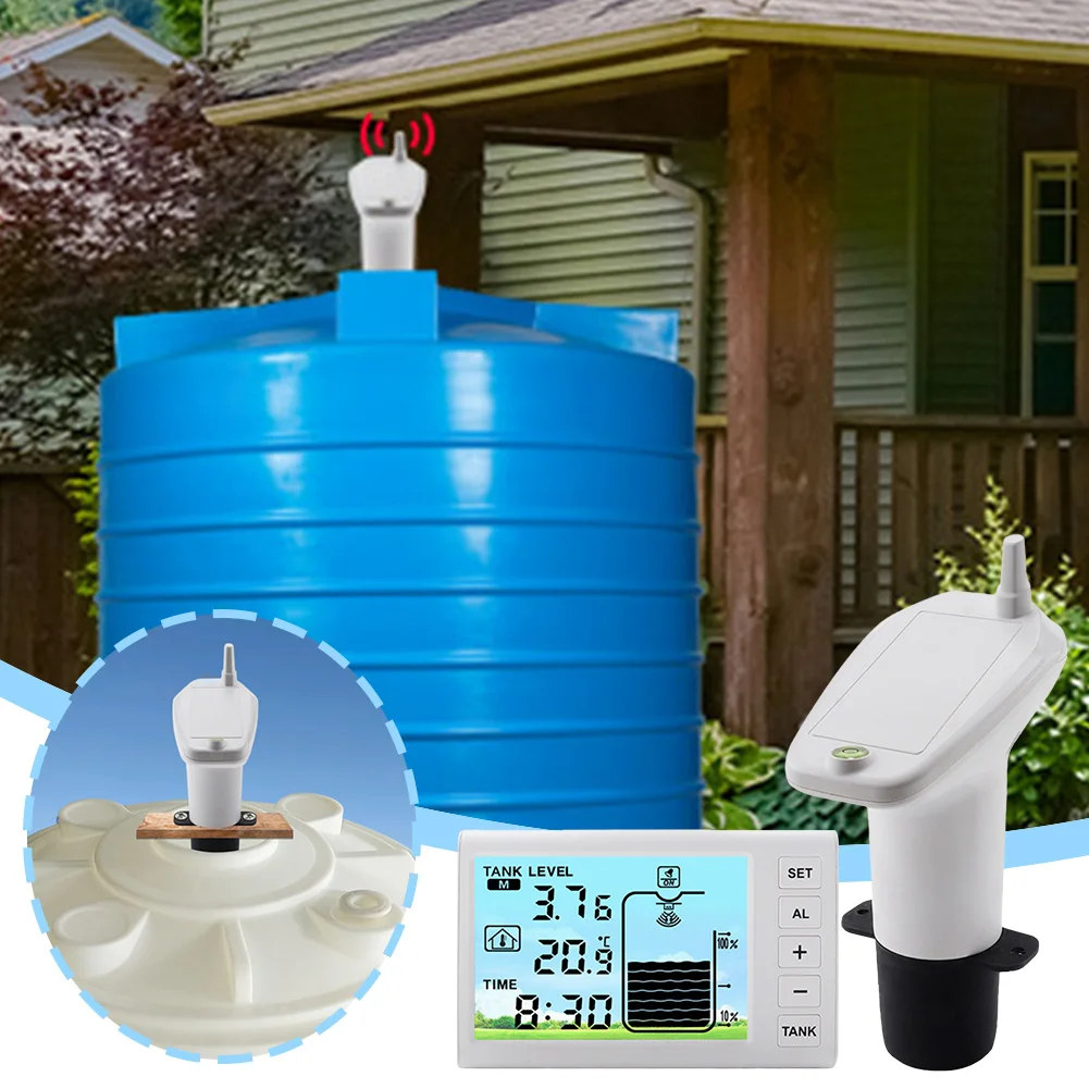 ไร้สายอัลตราโซนิกถังน้ำเครื่องวัดระดับของเหลวเซ็นเซอร์อุณหภูมิแสดงเวลาพร้อมนาฬิกาปลุกเครื่องวัดระดับน้ำ