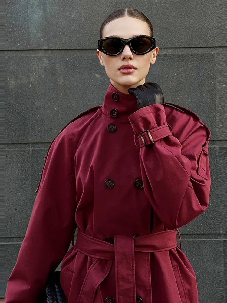 Stehkragen Doppelreihiger Kurzer Trenchcoat mit Gürtel für Damen, Street-Style mit Epauletten, Langarm, Einfarbig, Locker Geschnittene Jacke, Neue Damen-Oberbekleidung – Detail 10