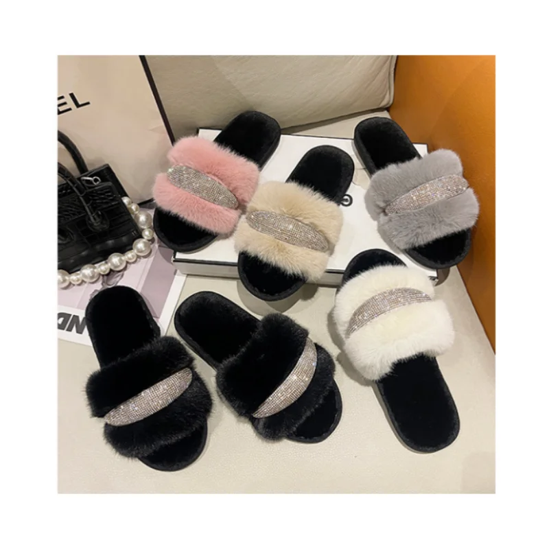 Diamond Inlaid Flat Bottomed 2023Winter Slippers Women\'S Fashion Casual Flat Fur Slippers Ladies Shoes Sapatos Feminino Chanclas