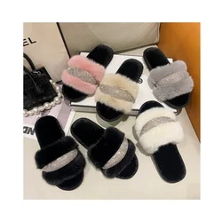 Diamond Inlaid Flat Bottomed 2023Winter Slippers Women'S Fashion Casual Flat Fur Slippers Ladies Shoes Sapatos Feminino Chanclas