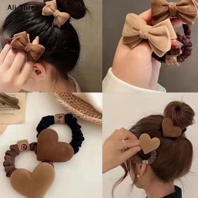 

1 шт., милая резинка для волос с бантом и сердечком, однотонная, цвета хаки, кофейные, плюшевые резинки для волос для женщин и девочек, высокоэластичные резиновые резинки для волос с хвостиком