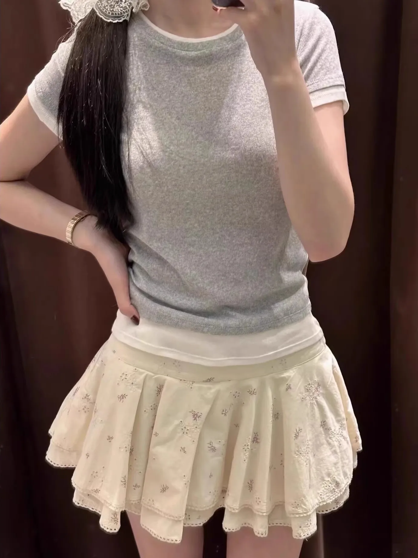 2025年夏新作 レディース 花柄刺繍 コットン ミニスカート ハイウエスト Aライン ショートスカート トレンド ガールズ ハーフ丈スカート