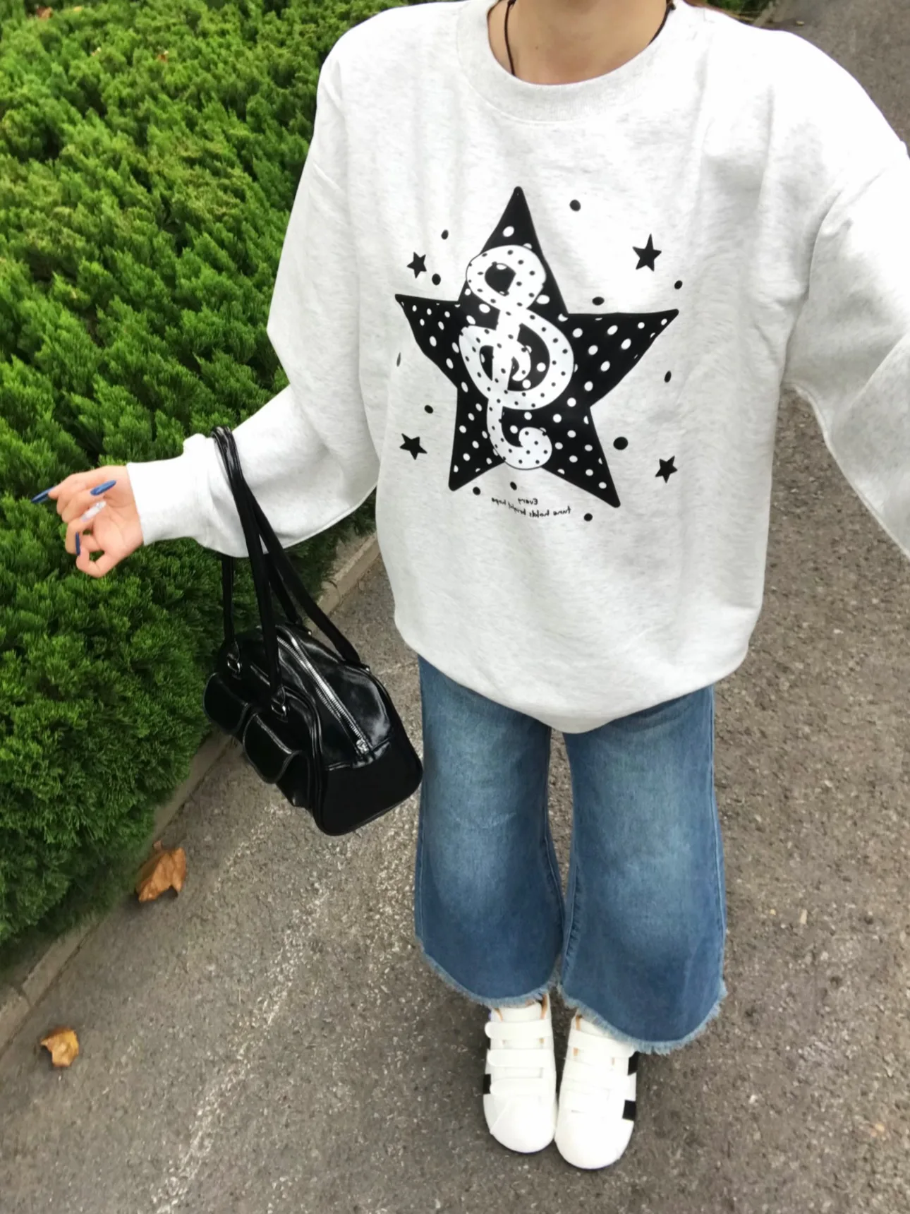 Korean Style round Neck Loose Fit Sweatshirt Women's Hatless Design with Polka Dot Star Note Print for Couples Autumn Winter ...