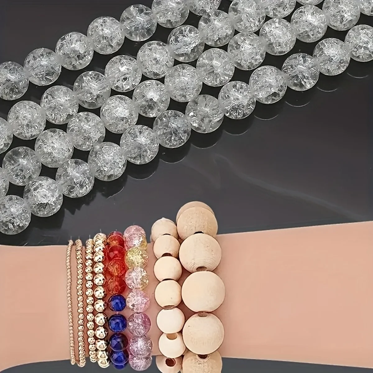100 Stück weiße, rissige Acrylperlen – 6/8/10 mm, verschiedene Größen, Abstandshalterperlen für DIY-Bastelarbeiten, glitzerndes Bastelzubehör – Detail 3