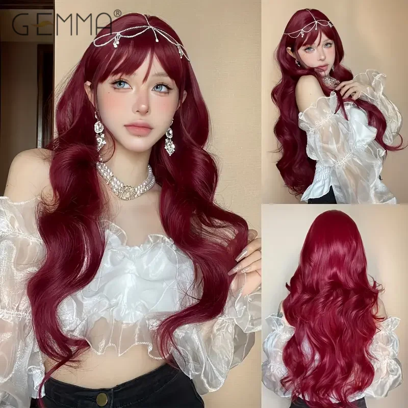 GEMMA-peluca sintética ondulada para mujer, pelo largo rojo vino con flequillo, rojo, fiesta de Cosplay, Lolita, Natural, resistente al calor