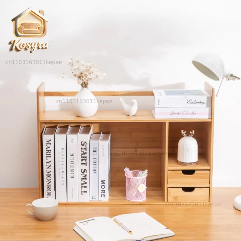 Modern Minimalist Bookshelf Desktop Bamboo Storage Rack Dormitory Multi-Functional Organizer Drawer Magazine Holder for Office