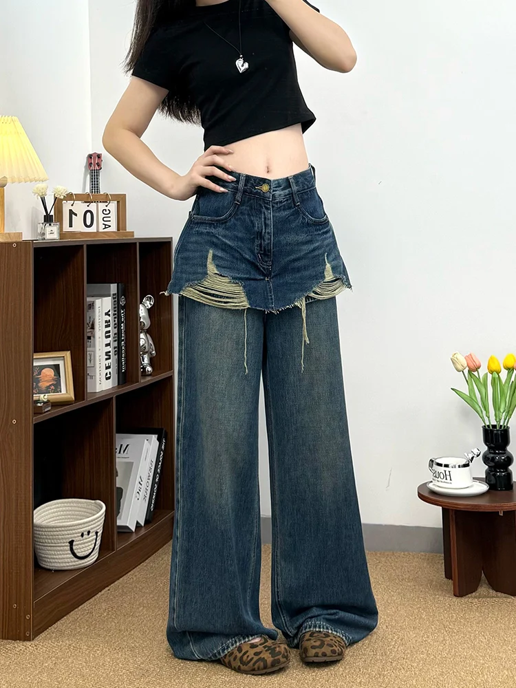 

New Winter Jeans Women's Autumn High Waist Fake Two Piece Butt Curtain Loose Wide Leg Floor Pants