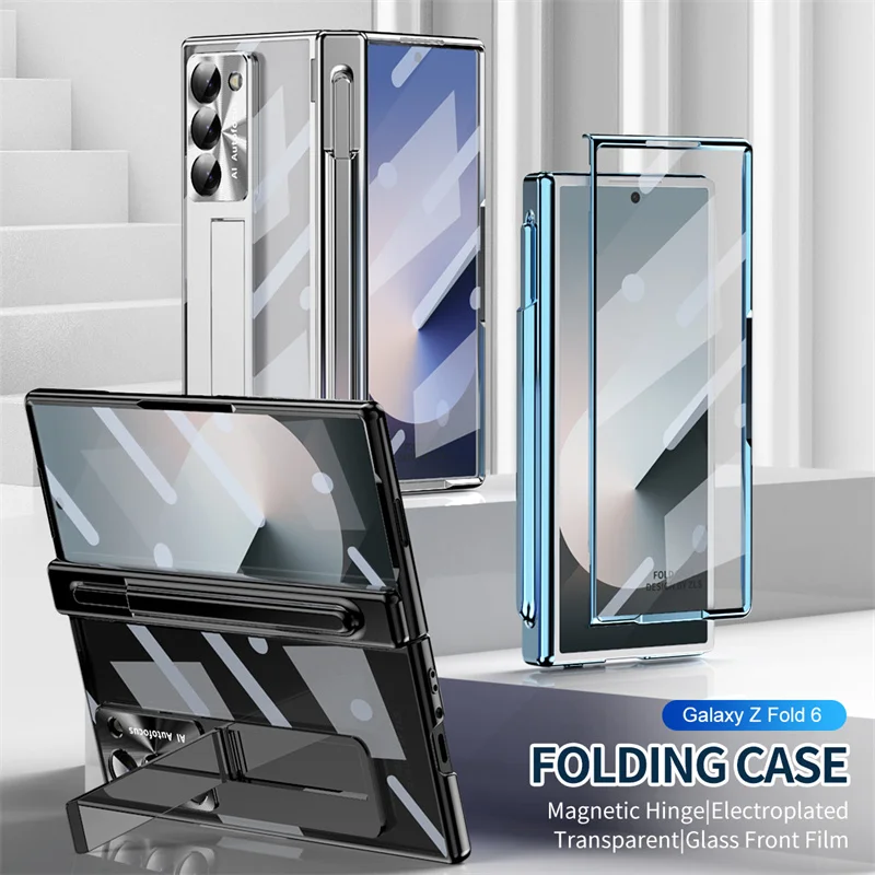 

For Samsung Galaxy Z Fold 5 4 3 6 5G With S Pen Full Screen Protector Phone Cover Electroplate Clear Hinge Magnetic Holder Case