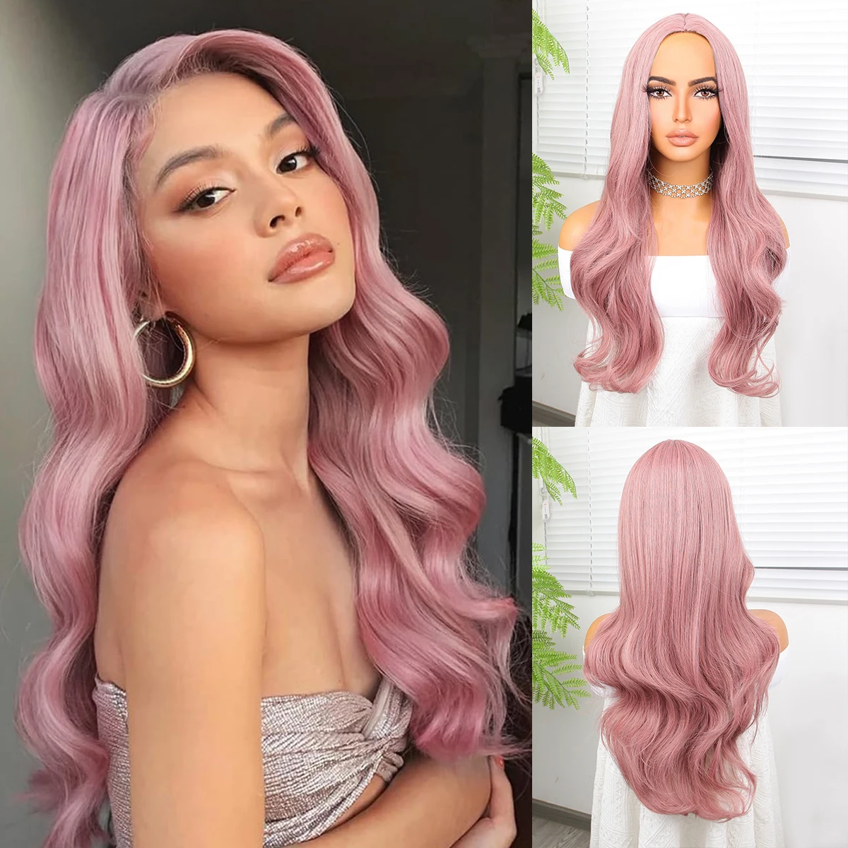 Deep Wave Versatile Style Pink Party Daily Use  Fashion Synthetic Wig Cosplay Long Natural Wave wig 24inch Heat Resistant Fiber