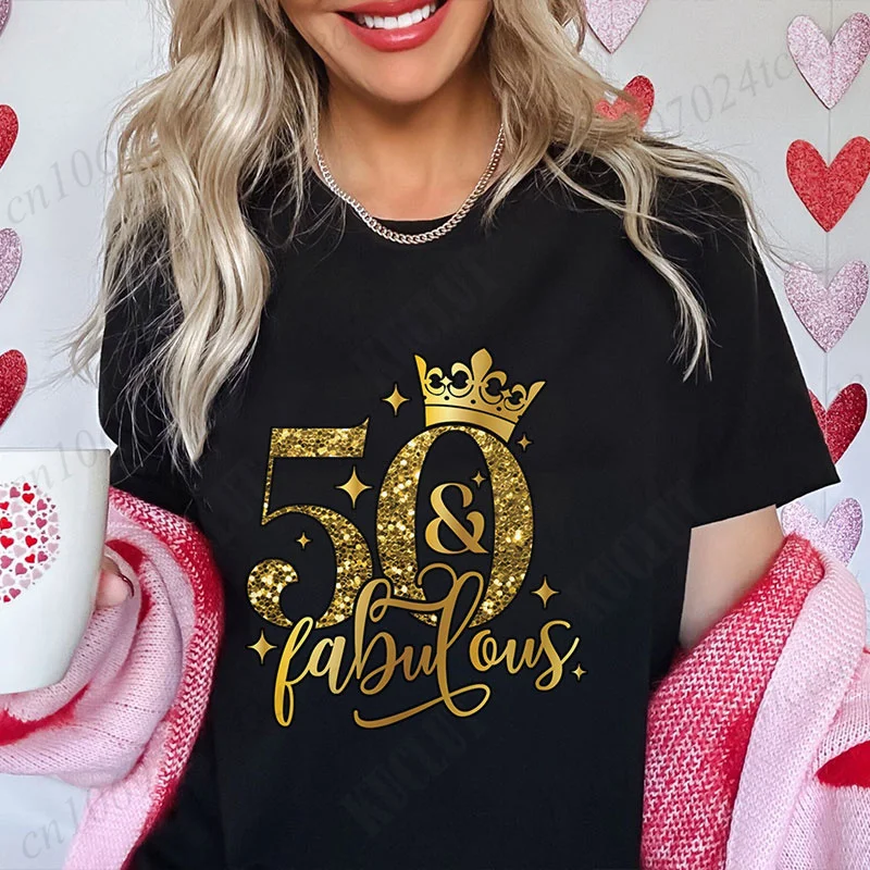 Women T Shirt 50th Year Fabulous Birthday Party Tees Fashion Shiny Crown Graphic Y2k Tops Short Sleeve Tees Aesthetic Clothing