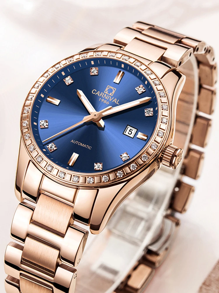 CARNIVAL New Luxury Rose Gold Blue Dial Watch Women Dress Automatic Mechanical Watches Bracelets Ladies Gift Reloj Mujer