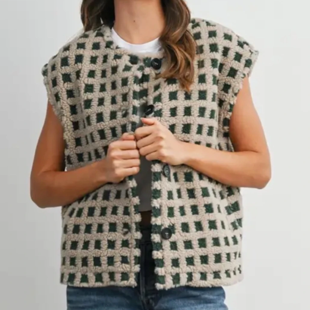 

Classic Women's Fleece Vest Sleeveless Crew Neck Plaid Pattern Full Button Down Casual Jacket with Pockets