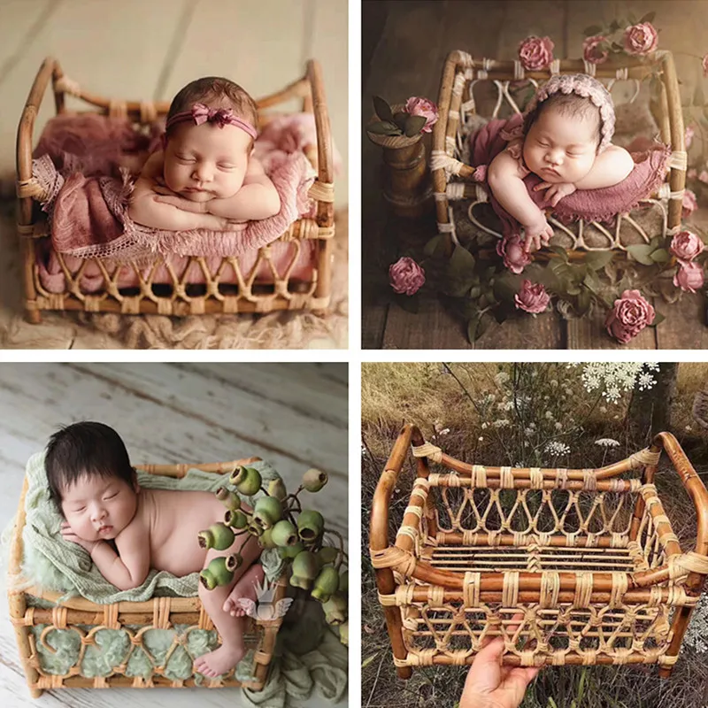 Newborn Photography Props Rattan Woven Baskets Vintage Baby Photo Shoot Furniture Retro Small Bed Posing Chair Photo Studio