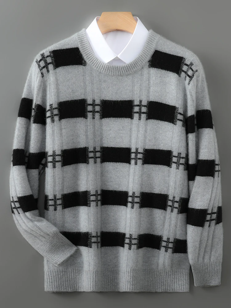 Men Merino 100% Wool O-neck Color-block Pullover Geometric Pattern Knitted Keep Warm Business Autumn Winter Cashmere Clothing