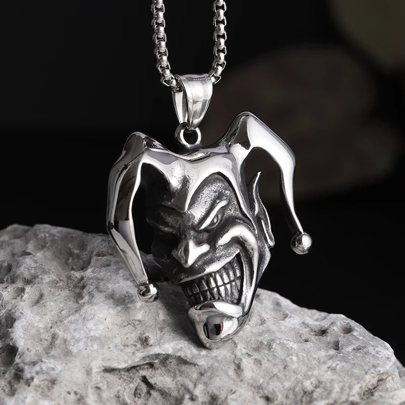 Gothic Evil Clown Pendant Necklace for Men Hip Hop Rock Party Jewelry