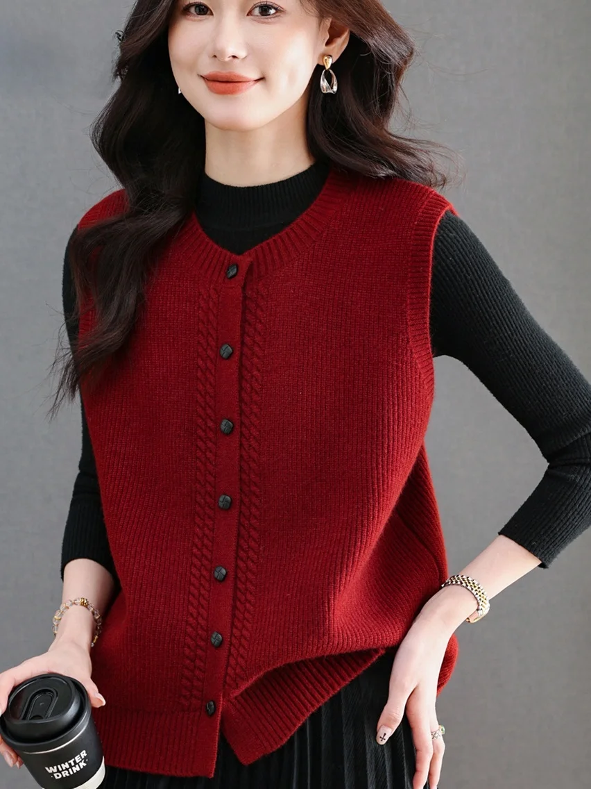 

Spring Faion Knitted Vest Women's round Ne Button up Slim Fit Pure Color Mommy Sle Top Warm Polyester Fiber Casual Wear