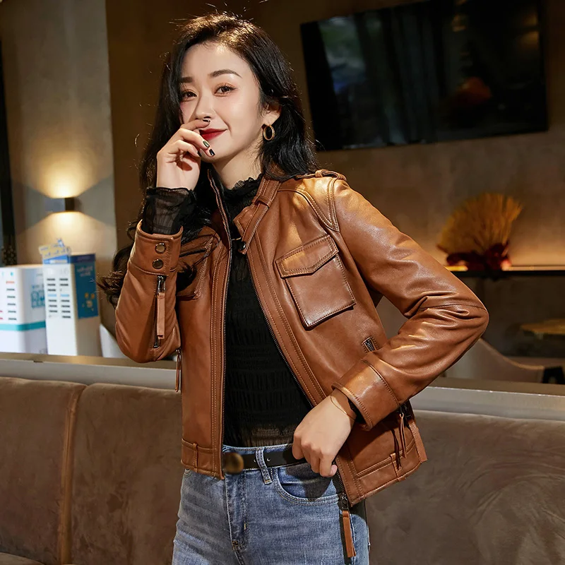 Women Crop Genuine Leather Jackets Retro Solid Motorcycle Jacket Sheepskin Leather Coat Short Streetwear Zip 2022 Autumn CL4028