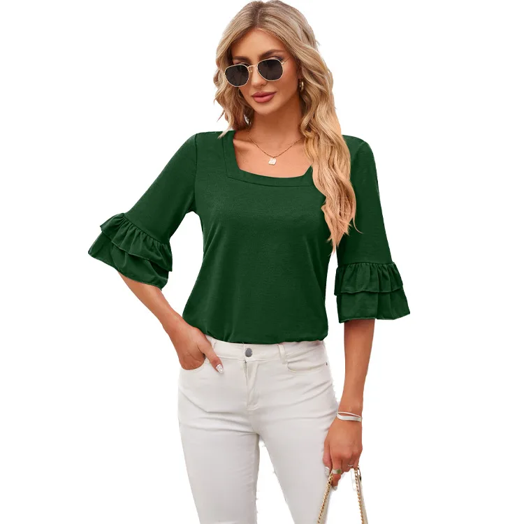 Women\'s Summer Blouse 2024 New Square Necked Ruffled Edge Mid Sleeved Solid Color Loose Fitting T-shirt Women Summer Top