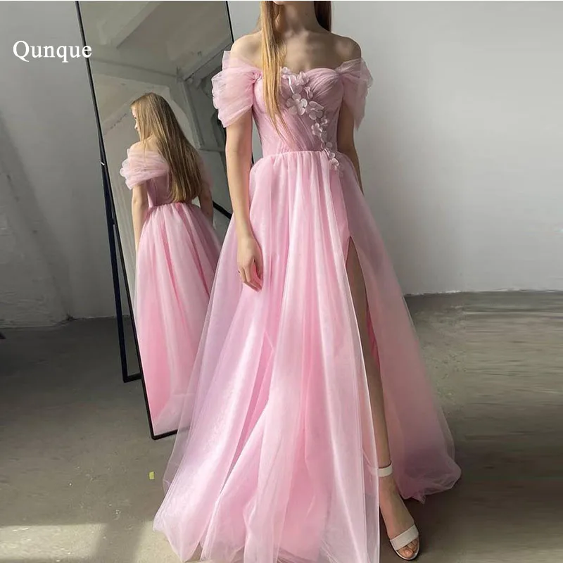 

Qunque Flowers Tulle Pink Vestidos De Noche Customized A-line Tulle Prom Dresses Short Sleeves High Slit Formal Evening Gowns