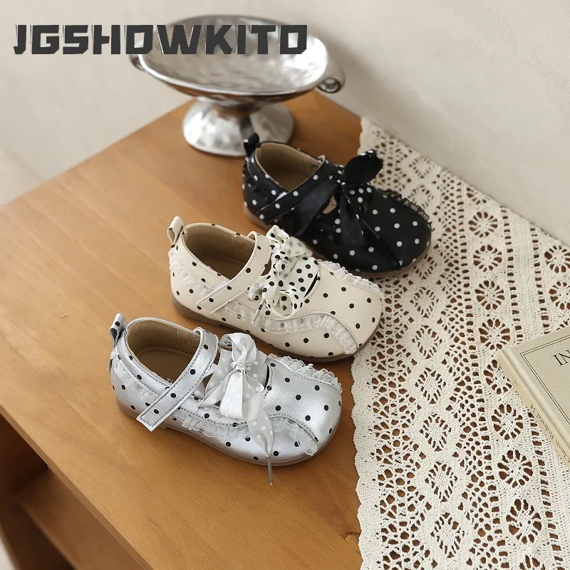 JGSHOWKITO Toddler Girls Polka Dot Mary Jane Shoes Princess Sweet Children Leather Shoes with Bow Kids Causal Party Flat Shoes
