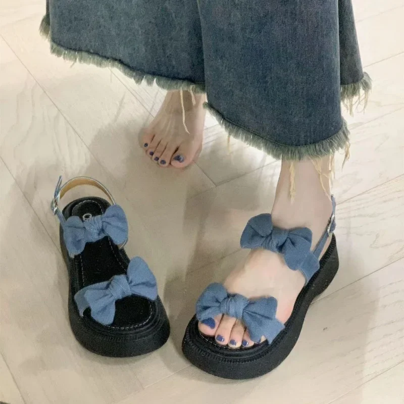 Women\'s Shoes Outdoor One Word Sandals For Woman Roman Style Black Bow Footwear Summer 2024 Platform With Youthful Emo Offer H