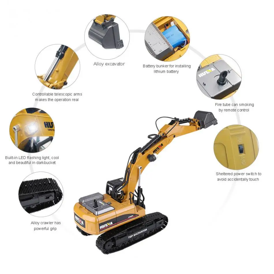 Huina 1580 RC Excavadora Nuevo vehículo de ingeniería totalmente metálico 3 en 1 de 23 canales Incluye paquete de cargador Camiones de control remoto