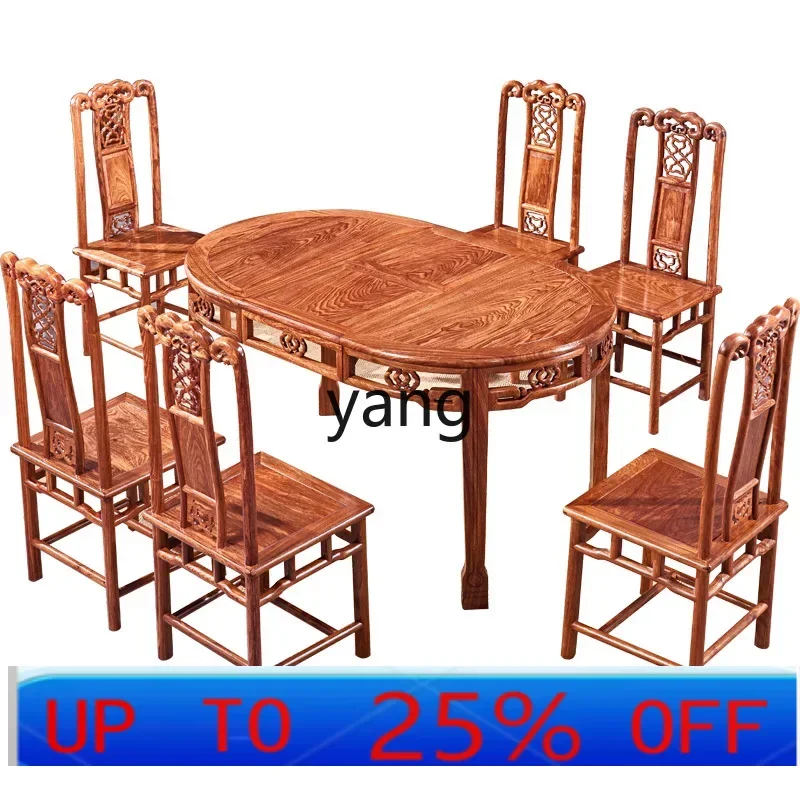 

LMMChinese mahogany retractable round dining table and chairs all solid wood rectangular dining room rosewood furniture