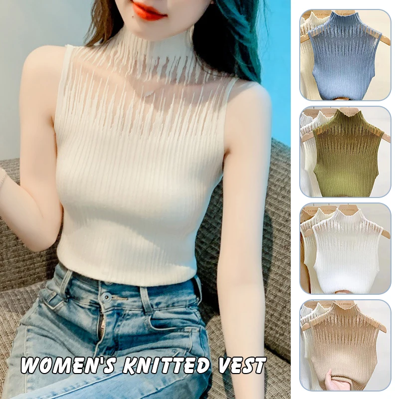 

Women Chic Tube Tops Summer Hollow Out Gauze Tank Top Turtleneck Elegant Sleeveless Design Slim Camis Knitting Camisole