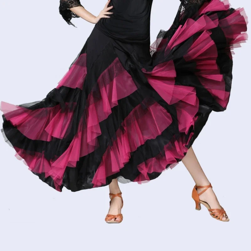 Moderna sala da ballo grande gonna altalena per le donne elegante raso multistrato abbinato colore Waltz Tango latino Dancedress
