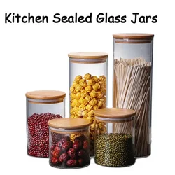 Round sealed glass jar, bamboo lid, kitchen food, snacks, seasoned pasta, storage bottle, sealed glass container