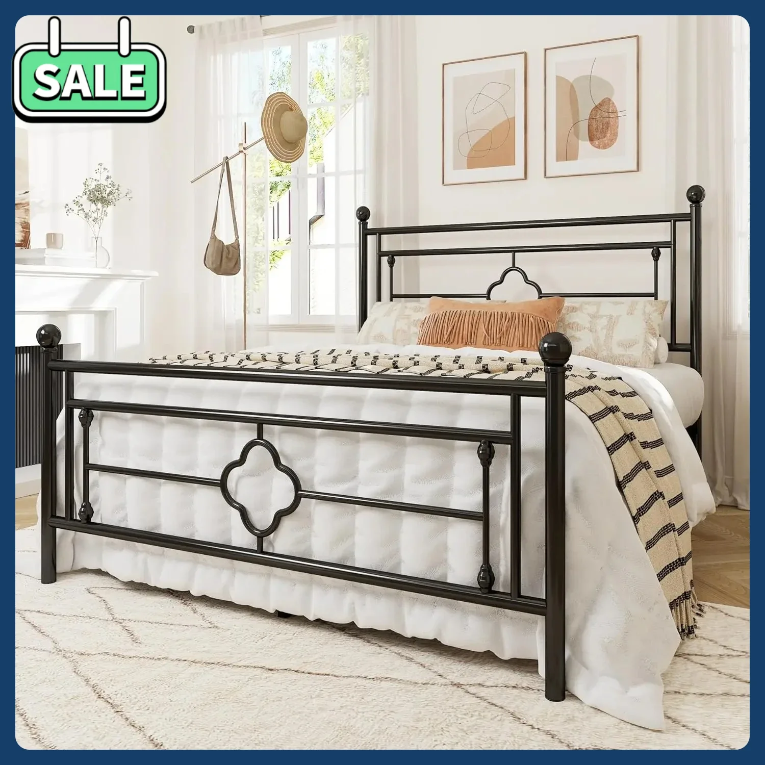 

Elegant Queen Size Metal Platform Bed Frame with Under Bed Storage Space - Victorian Vintage Headboard and Footboard Included