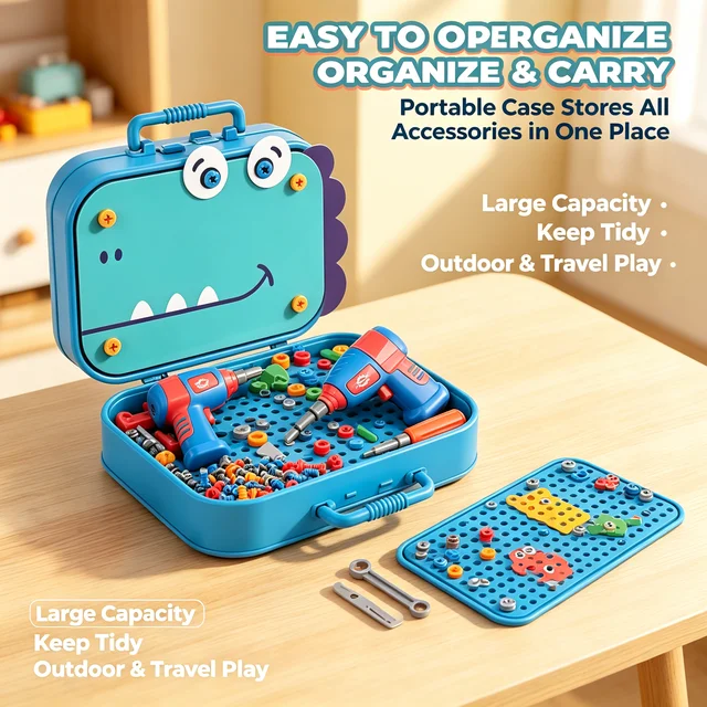 351Pieces Children Tool Set Electric Drill Screw Nut Puzzle Toys Pretend Play Dinosaur Drilling Assembly Educational Toy Boy 5