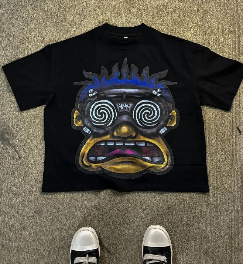 American Fashion Goth Big Head Cartoon Print Oversized T-Shirt Men\'s Y2K Street Hip-Hop Harajuku Loose Casual Couple Clothes