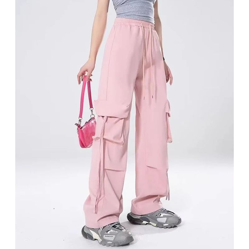 

Girls High Waist Loose Fit Trousers Women Ins Fashion Thin Cargo Pants Female Korean Classic Solid Straight Leg Pants