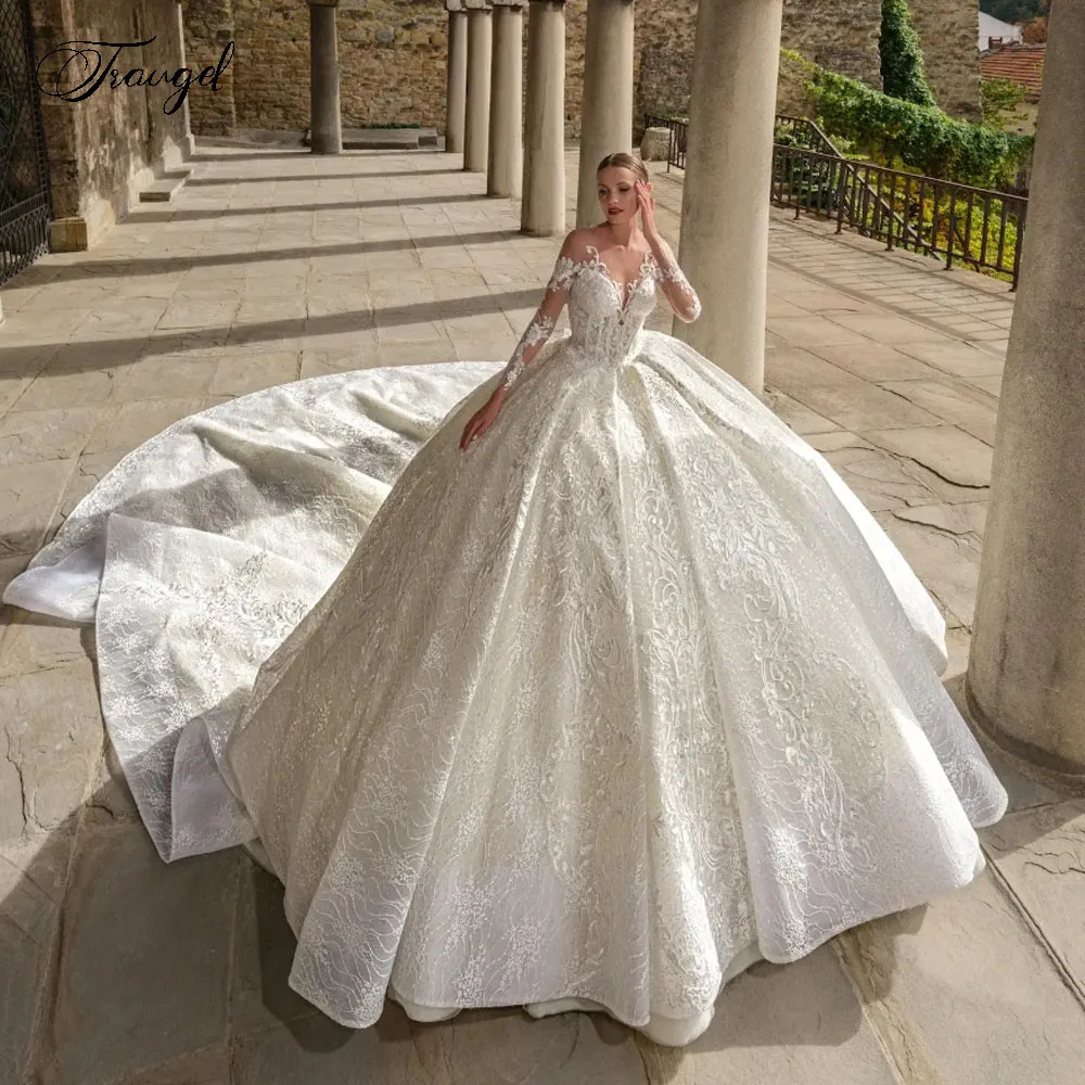

Customized Scalloped Long Sleeve Ball Gown Wedding Dresses Lace Embroidery Vestido De Novia Chapel Train Princess Robe De Mariee