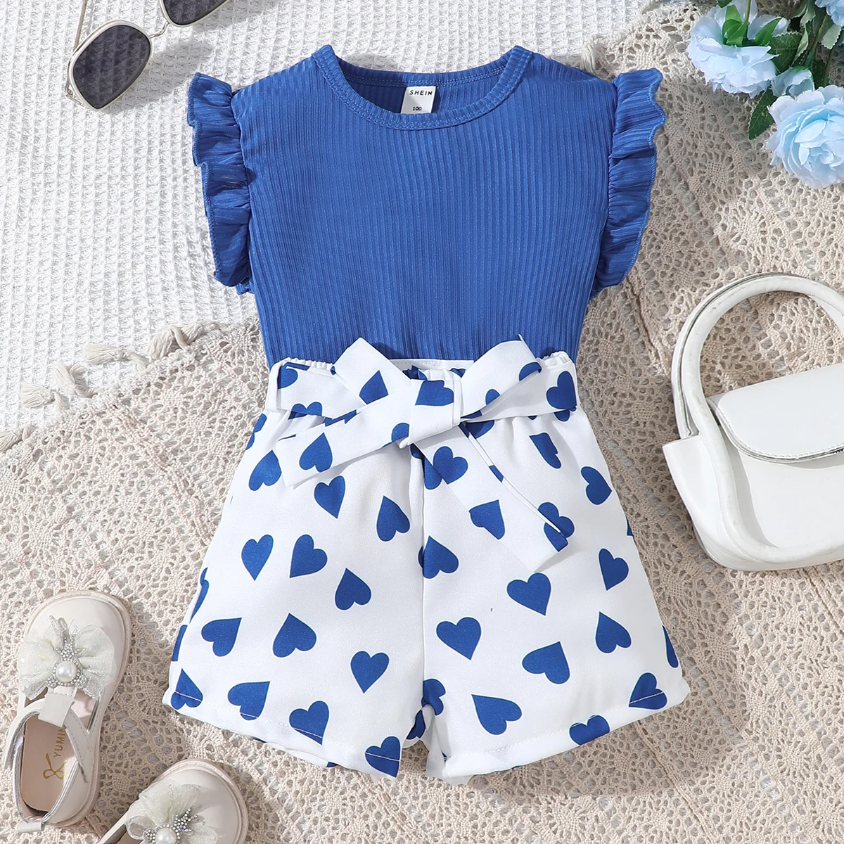 

2-6 Year Old Summer Children's Clothing Little Girl Suits Sleeveless One Shoulder Off Shoulder Top and Belt Shorts 3Pcs Set